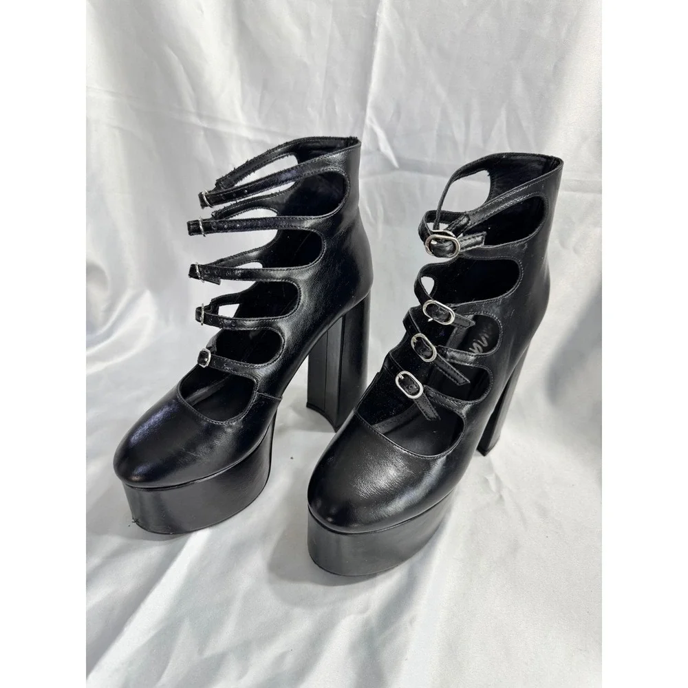 Gothic Black Multi Strap Platform Pumps Silver Buckle Chunky Block Heel Size 9